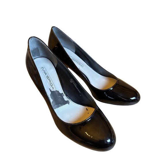 Via Spiga Black Patent Leather Pumps Size 7.5 Heels Career Classic Board Room - Picture 1 of 10